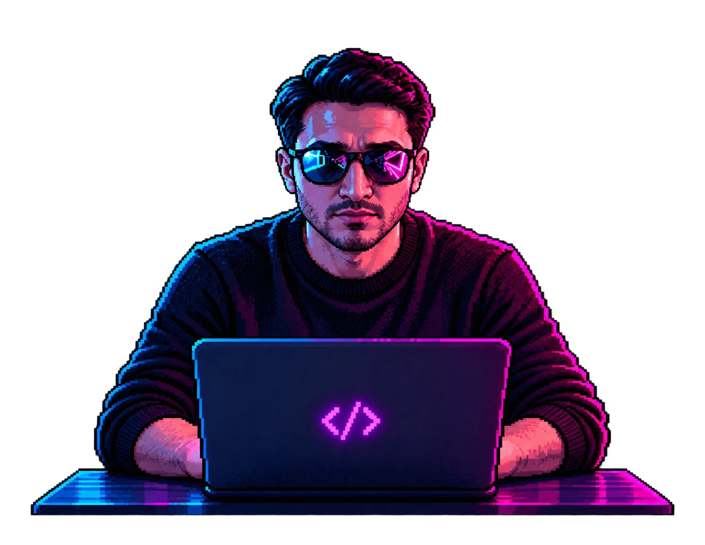 Cyan ve pembe neon ışıklar altında, güneş gözlükleriyle laptopunun başında çalışan Koray Solak'ın pixel-art karakteri